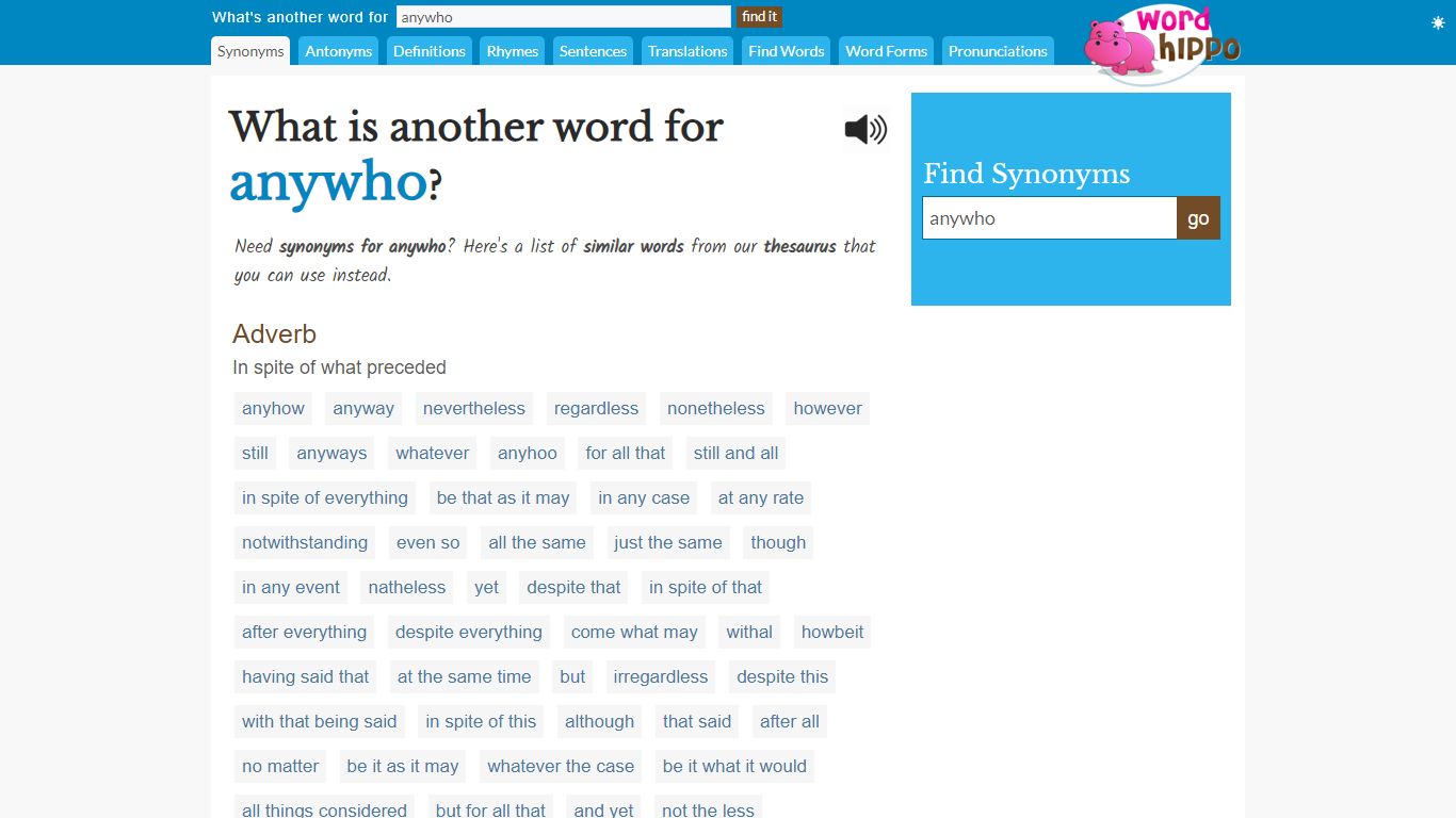What is another word for anywho? | Anywho Synonyms - WordHippo Thesaurus